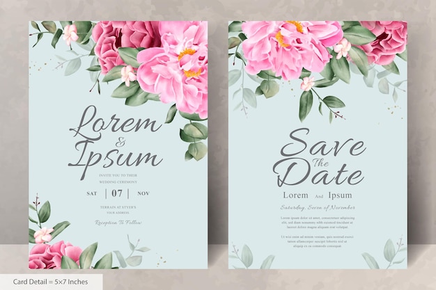 Realistische aquarel bloemen bruiloft uitnodiging kaartsjabloon met handgetekende bloemen en bladeren