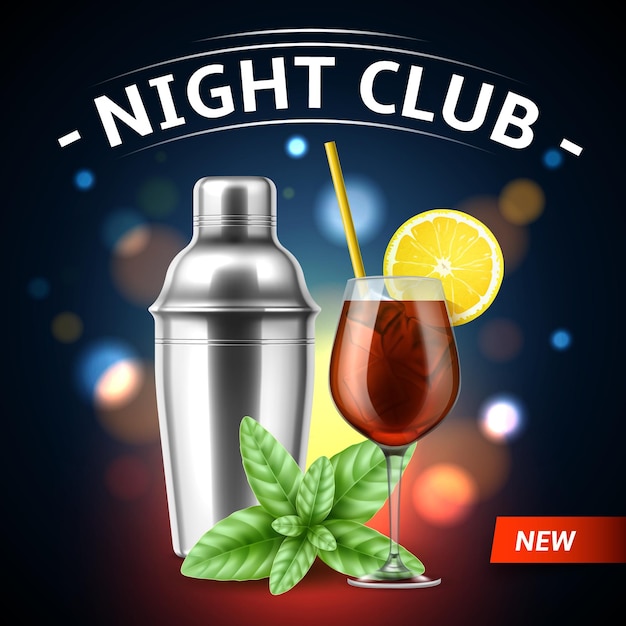 Realistische barman poster Nachtclub banners cocktail in glazen beker met ijsblokjes citroensnijden shaker voor koude dranken tropische drank met stro 3d geïsoleerd utter vector concept