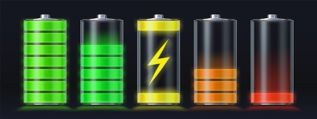 Realistische batterijlading leeg tot volledig energieniveau. gloeiend smartphone-acculaadpictogram met bliksem. oplaadindicator vector set. gadget-interface bijvullen en capaciteitsillustratie