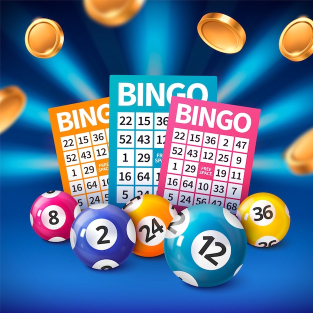 Realistische bingo compositie achtergrond met loterij kaarten en ballen