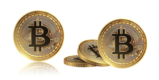 Realistische bitcoin-valuta Gouden bitcoins stapelen geïsoleerde cryptocurrency-munten Internationale uitwisseling elektronica financieren geld symbool vector ontwerp