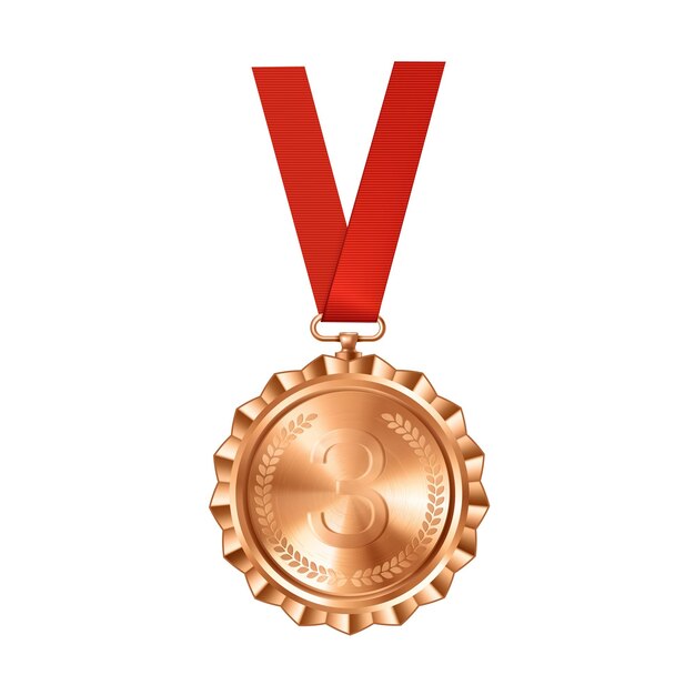 Vector realistische bronzen medaille op rood lint met gegraveerd nummer drie sportcompetitieprijzen voor derde plaats kampioenschapsbeloning voor prestaties en overwinning