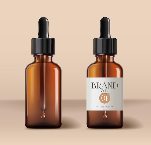 Realistische bruine oliefles cosmetische geïsoleerde productverpakking mockup pastel achtergrond vector