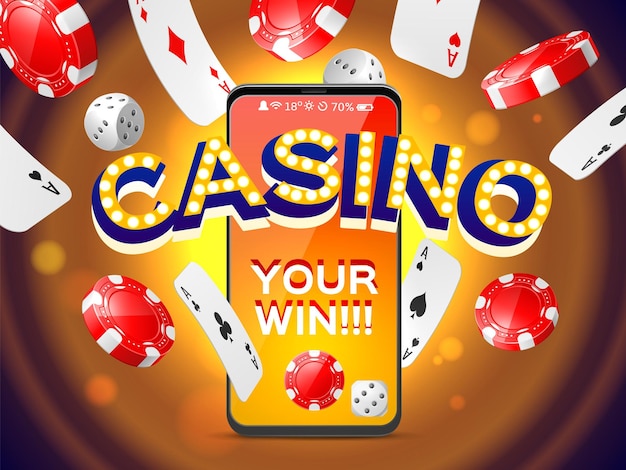 Realistische casino poster Online gokcompositie mobiele gaming applicatie vliegende kaarten dobbelstenen rode chips smartphone scherm fortuin spel tokens 3d utter vector concept