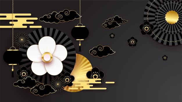 Realistische Chinees Nieuwjaar papier stijl zwart goud Chinees ontwerp achtergrond