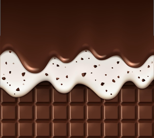 Realistische chocolade chip en smeltende druppels op chocoladereep achtergrond realistische vector chocolade reep met splash in choco golf draaien wervel of druppels splatter van melk cacao of stracciatella
