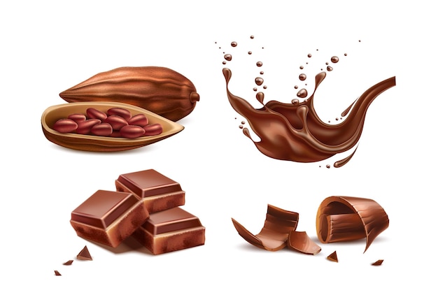 Vector realistische chocolade splash chocolade schaafsel reep stukjes cacaobonen chocolade object set