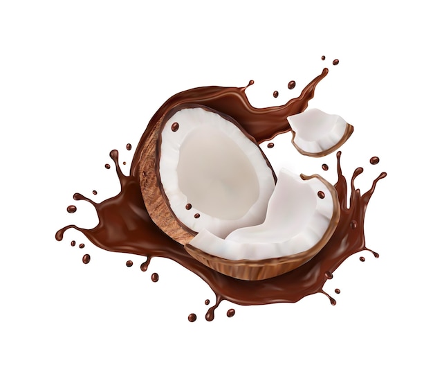 Realistische chocolademelkstroomplons met kokosfruit en druppels vector cacao eten en drinken 3d scheutje gesmolten chocolade choco milkshake en tropisch notendessert met romige spatten en druppels