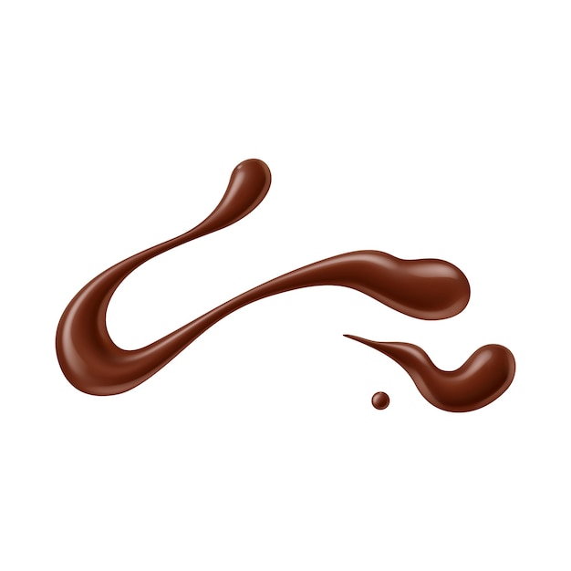 Realistische chocoladesaus of siroop splash wave vlek of swirl smear geïsoleerde vector Choco siroop of cacao drank lijn blot of spill golf met druppels en gieten voor chocolade snoep of fudge dessert