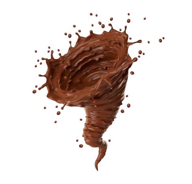 Realistische chocoladewervelwind of tornado-twister met spatten, vectorcacaodrank. Chocolade, koffiemelk en cacaowerveling met spatdruppels, kokosroomdrank en zoete siroop vloeibare stroomgolf