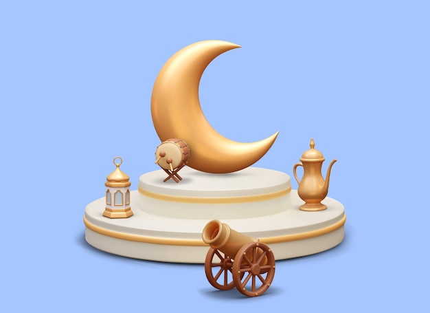 Realistische compositie met grote gouden maan op het podium lantaarn bedug trommel en kanon