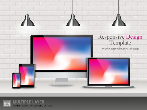 Realistische computer, laptop, tablet en mobiele telefoon