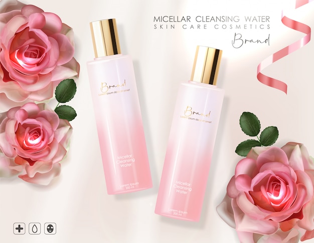 Realistische cosmetica huidverzorging, micellair reinigingswater, roze flesverpakking