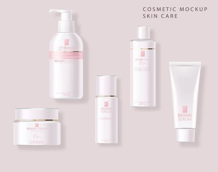Vector realistische cosmetica, roze ontwerp, witte fles set, verpakking mockup, huidverzorging, hydratatiecrème, toner, reiniger, serum, schoonheidskaart, gezichtsbehandeling, geïsoleerde container 3d roze achtergrond