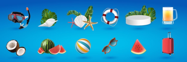 Realistische d vector zomervakantie symbolen objecten instellen vakantie realistische pictogrammen instellen met bier mok di