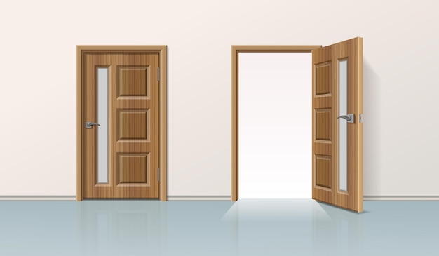 Realistische deurcompositie met uitzicht op een stevige kamermuur met soortgelijke houten deuren gesloten en open vectorillustratie
