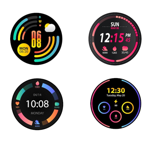 Realistische digitale en analoge smartwatch horloge gezichten collectie, geïsoleerd op een witte achtergrond