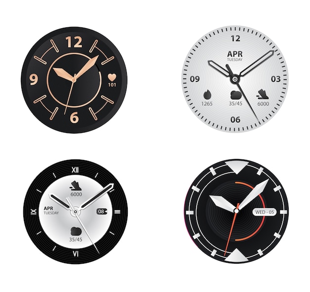 Vector realistische digitale en analoge smartwatch horloge gezichten collectie, geïsoleerd op een witte achtergrond