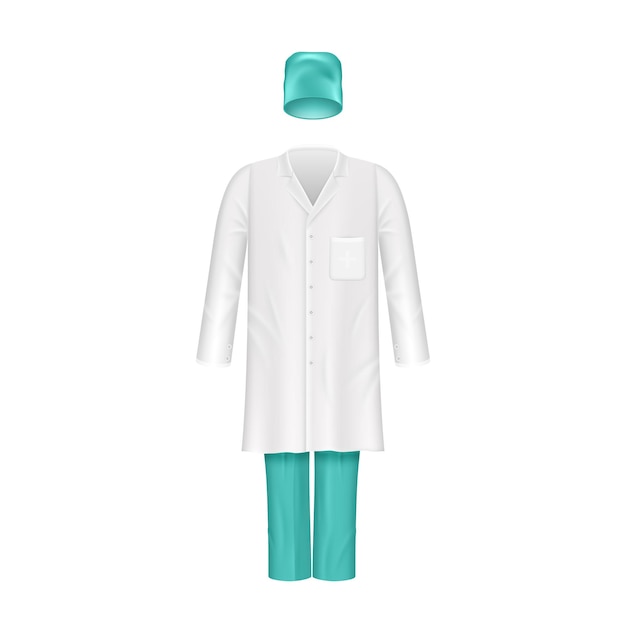 Vector realistische doktersjas kleding medisch laboratorium uniform hoed gewaad broek lab werknemer kleding