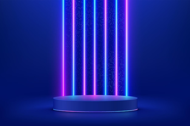 Realistische donkerblauwe 3D cilinder sokkel podium Scifi abstracte kamer met verticale gloed neon verlichting