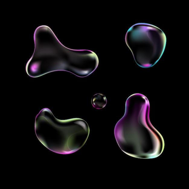 Realistische doorzichtige zeepbellen op zwarte achtergrond setVloeibare stromende 3D abstracte vormenVector