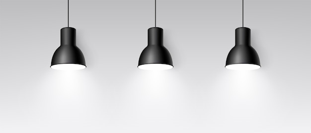 Vector realistische drie lamp die aan het plafond hangt. felle verlichting. drie zwarte decoratieve plafondlampen. moderne hanglamp