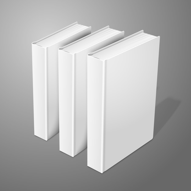 Realistische drie staande witte blanco hardcover boeken. Geïsoleerd op de achtergrond voor ontwerp en branding.