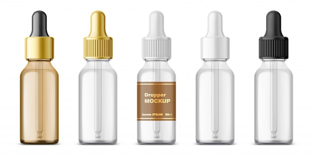 Vector realistische druppelaar glazen fles set. cosmetische lege flesjes voor vloeibare medicijnen.