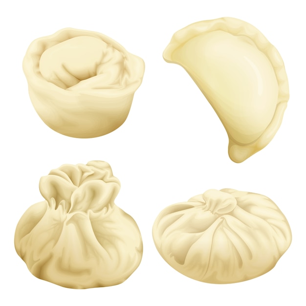 Vector realistische dumplings set. vareniki khinkali xiao lange bao baozi.