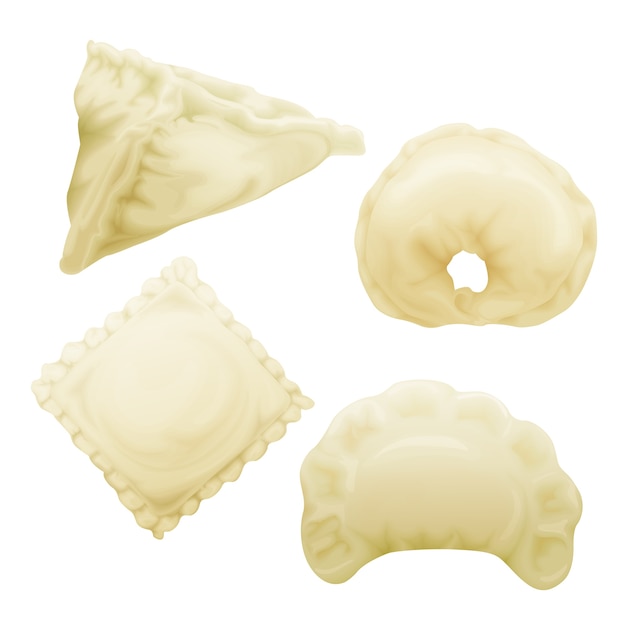 realistische dumplings set. Vareniki pierogi samsa ravioli pelmeni.