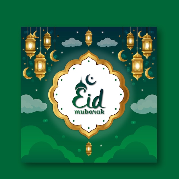 Realistische eid mubarak-achtergrond en instagram-postsjabloon met kaarsen en maan