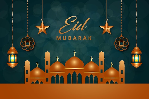 Realistische Eid Mubarak-achtergrond Met moskee Ramadan Arabische lantaarn
