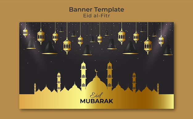 Realistische eid mubarak luxe islamitische achtergrondillustratie met decoratieve ornament gouden lantaarn