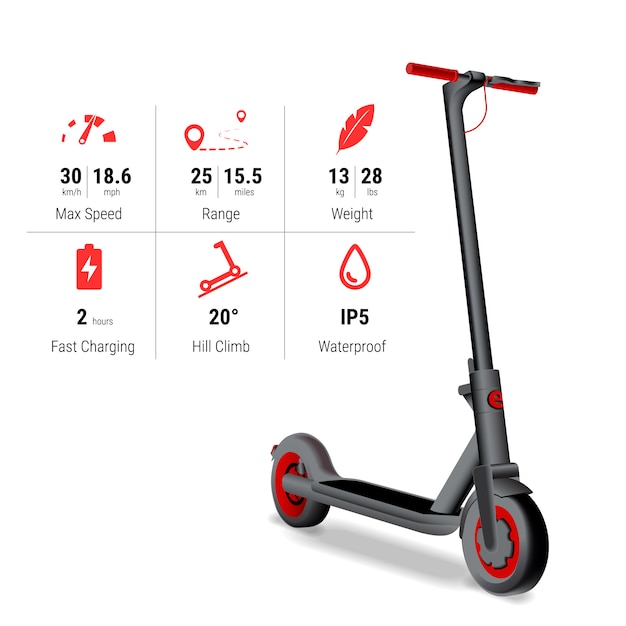 Realistische elektrische scooter met specificatie en pictogrammen. kick scooter prestatie concept.