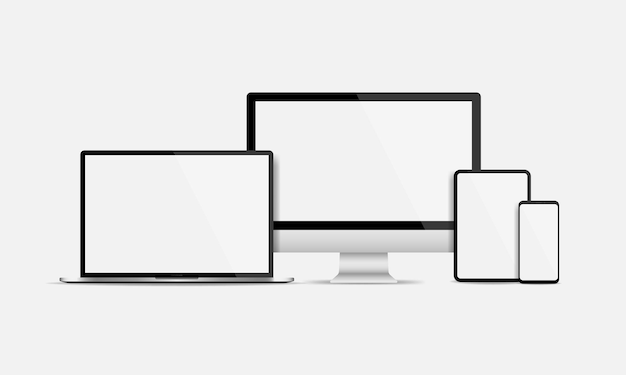 Realistische elektronische apparaten tonen schermset. leeg scherm van computer, laptop, tablet en smartphone geïsoleerd. vectorillustratie eps 10