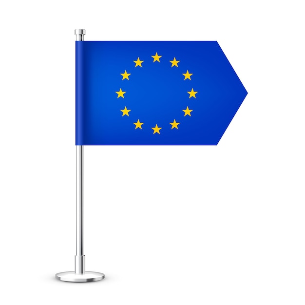 Vector realistische europese tafelvlag op een staalpaal met chroom souvenir uit europa tafelvlag van papier of