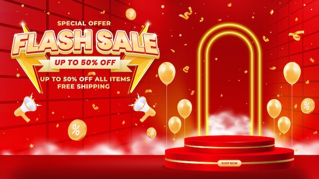 Realistische flash sale banner ontwerp sjabloon met podium om uw bedrijf te promoten