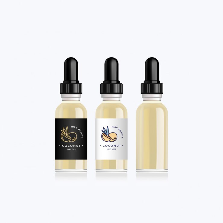 Realistische fles met smaakkokosnoot voor een elektronische sigaret. Druppelfles met design witte of zwarte labels. illustratie.