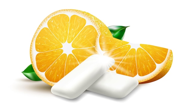 Realistische Fruit kauwgom pellet met sinaasappelsmaak Kauwkussentjes met verse rijpe sinaasappel Citrus kauwgom Verpakkingsontwerp voor branding 3D-vector geïsoleerd