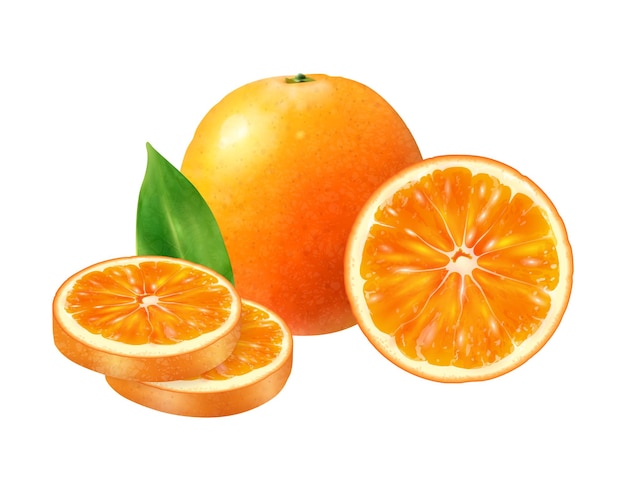 Realistische fruitsamenstelling met afbeeldingen van geheel en gesneden oranje fruit op lege vectorillustratie als achtergrond