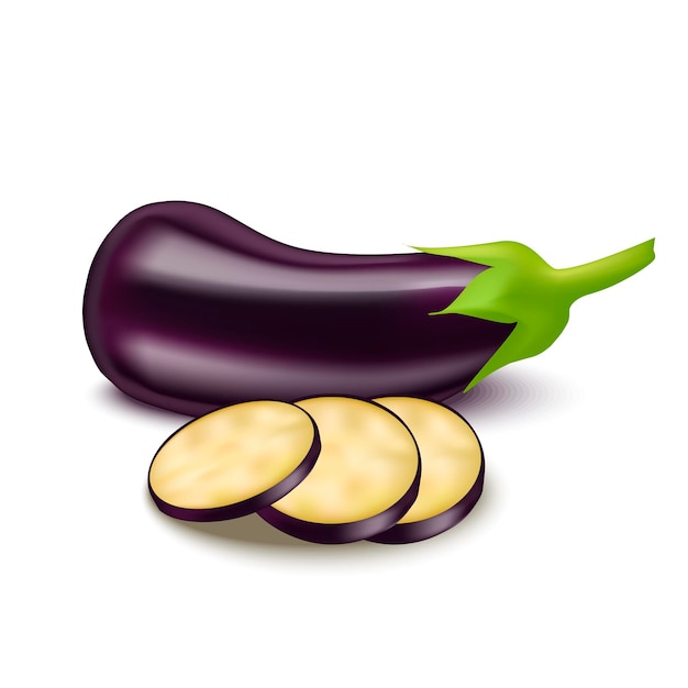 Realistische gedetailleerde 3d-aubergine en plakvector