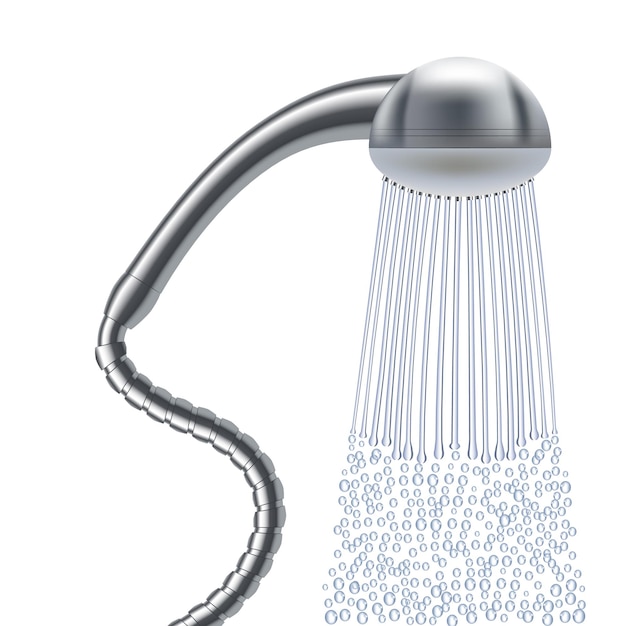 Vector realistische gedetailleerde 3d badkamer douche kop met water spray en druppel vector illustratie van douche apparatuur en druppels stromen