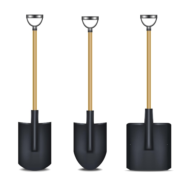 Vector realistische gedetailleerde 3d black blank shovel empty template mockup set equipment for agriculture and gardening vector illustratie van mock up spade