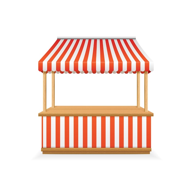 Realistische gedetailleerde 3D-blanco en gestreepte marktkraam lege sjabloon mockup set vectorillustratie van kraampjes