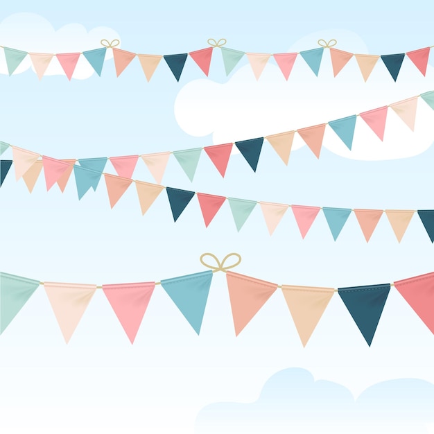 Realistische gedetailleerde 3D Bunting Garland Pennant Vlaggen op een blauwe lucht achtergrondvector
