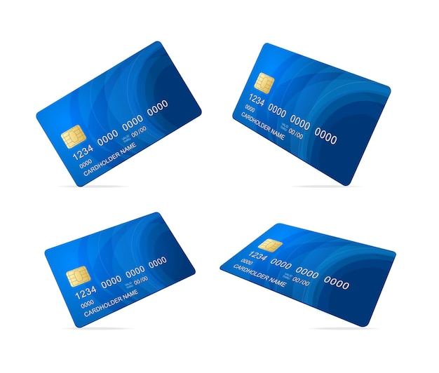 Realistische gedetailleerde 3D Falling Blue Credit Debit Card Mockup Set Vector