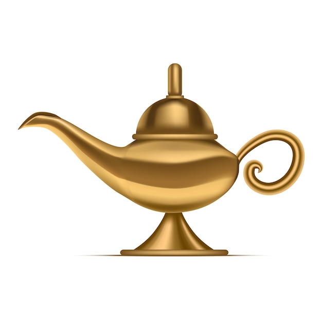 Realistische gedetailleerde 3D glanzende gouden oude magische lamp met genie in traditionele Arabische oosterse stijl vectorillustratie