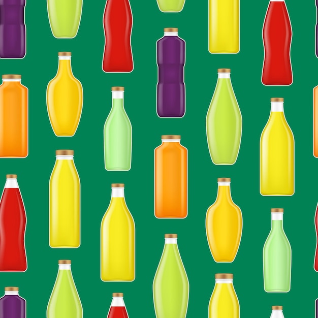 Realistische gedetailleerde 3D-illustratie van verschillende soorten biologische vitamine sap drank fles glas naadloos patroon achtergrond vector illustratie van drankcontainer