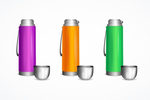 Realistische gedetailleerde 3D-kleur lege Thermos sjabloon Mockup instellen Vector