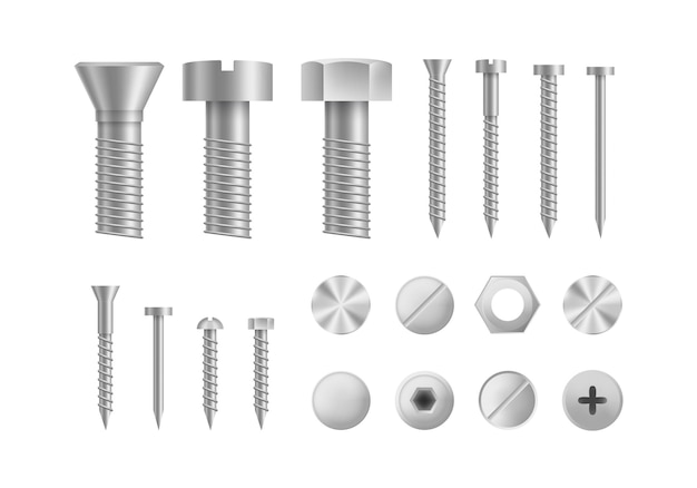 Realistische gedetailleerde 3D-make-up metalen schroeven en bouten Set elementen van de bouwsector Vector illustratie van bout en schroef